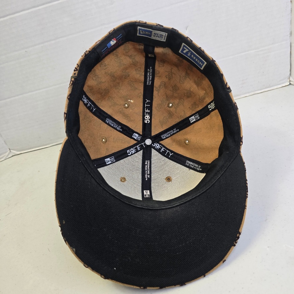 New Era Mens Boston Red Sox 59FIFTY Fitted Hat 7 1/2 Tan All Over Script Print - Picture 7 of 12